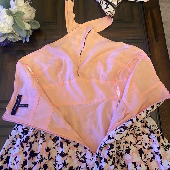 BCBGMaxAzria Linen Blend Pink Black Floral Crisscross Halter Dress - Picture 9 of 12
